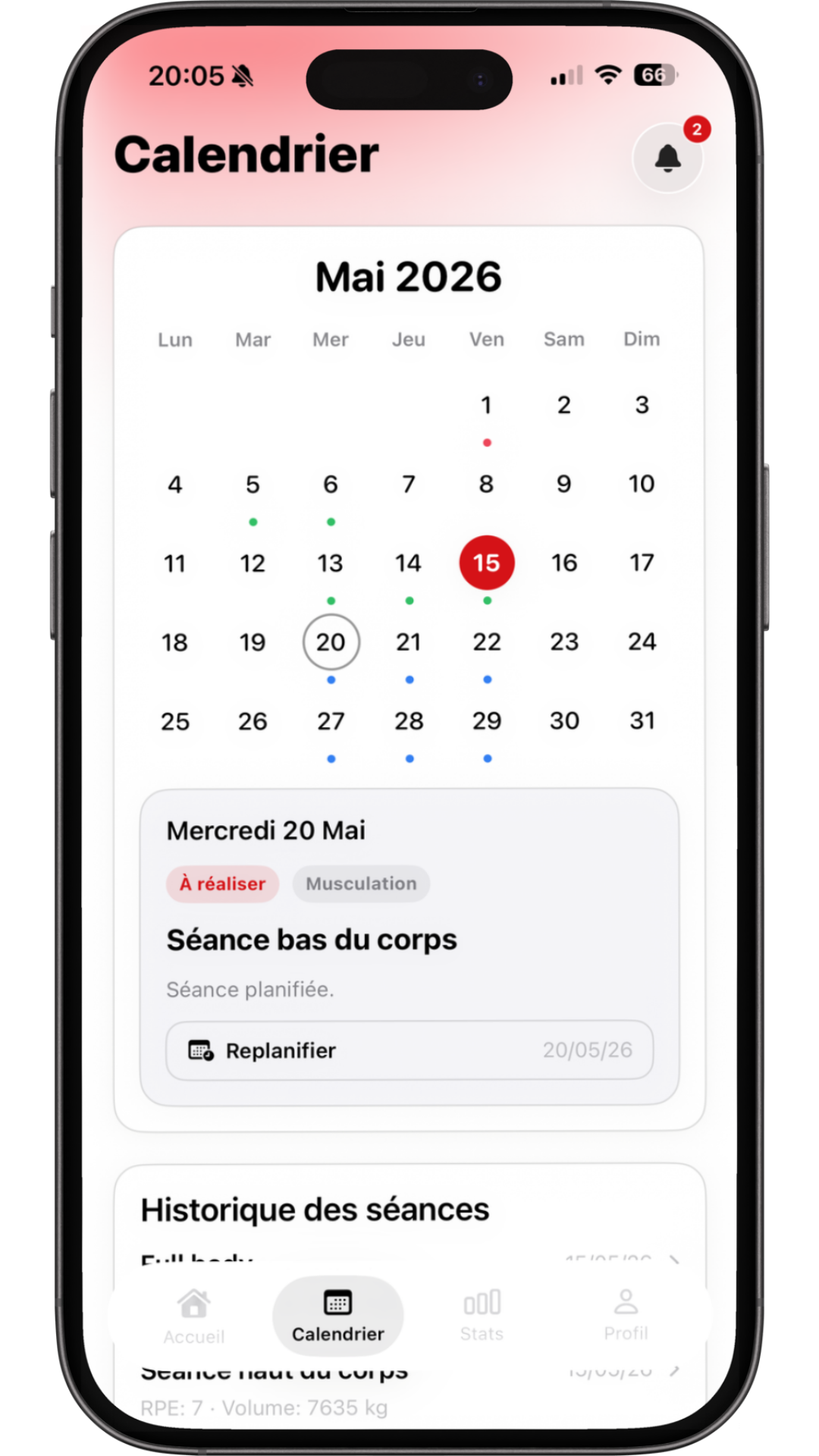 Écran calendrier O'VAL avec séances planifiées et historique