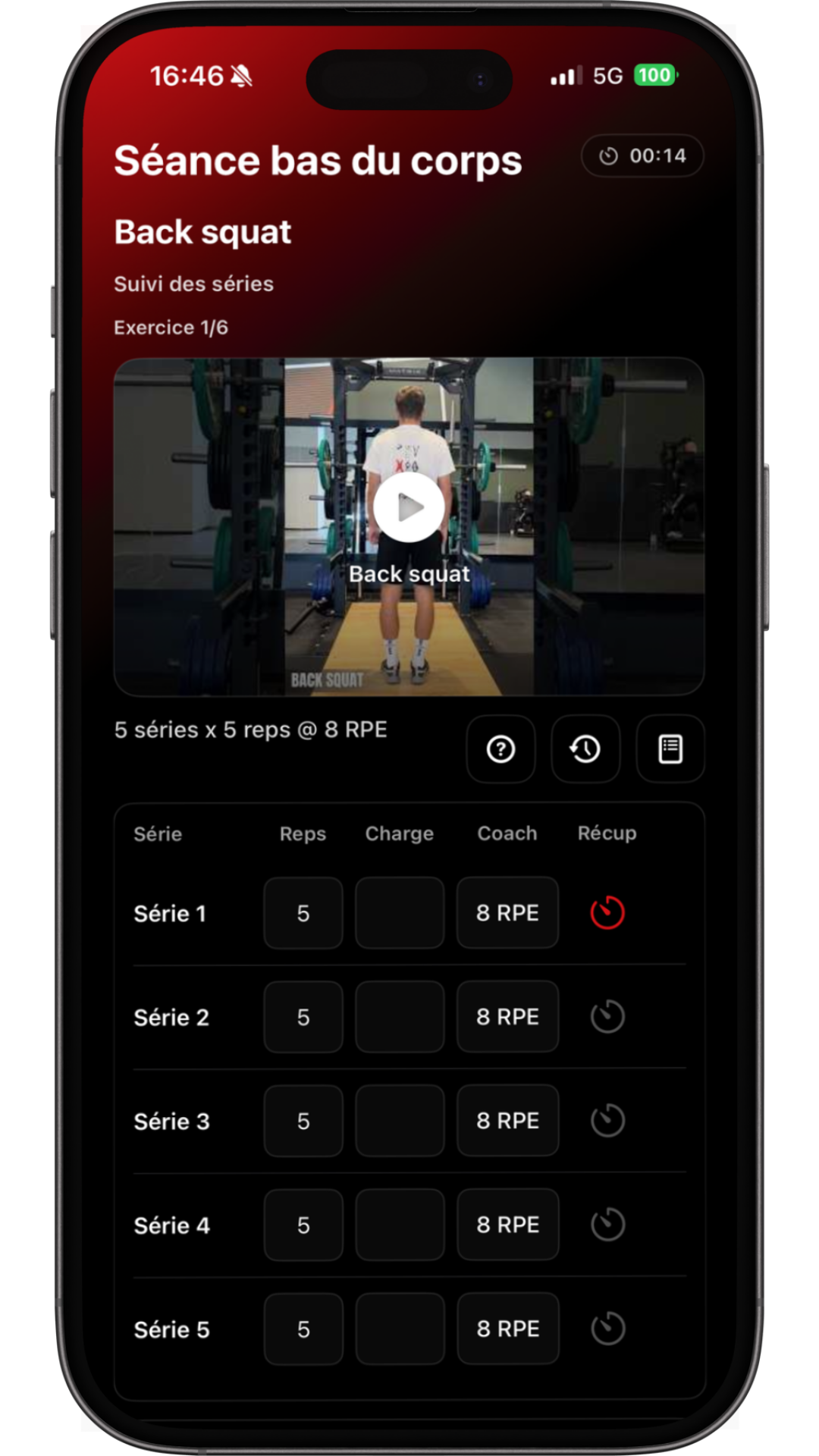 Écran séance guidée O'VAL, exercice back squat avec vidéo et suivi des séries
